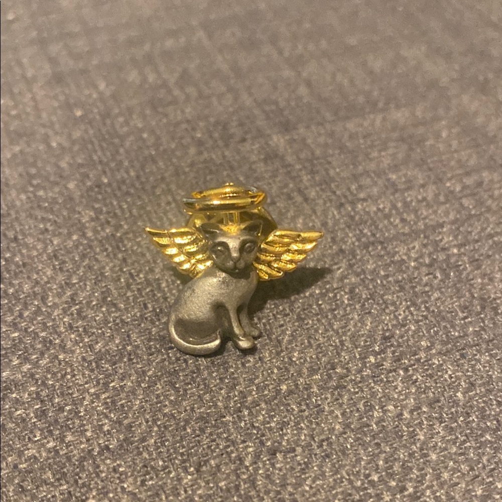 Angel Cat Pin with Gold tone Wings Pendant
